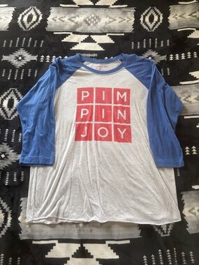 Pimpin Joy Women's Blue Raglan 3/4 Sleeve Tee with Red Graphic